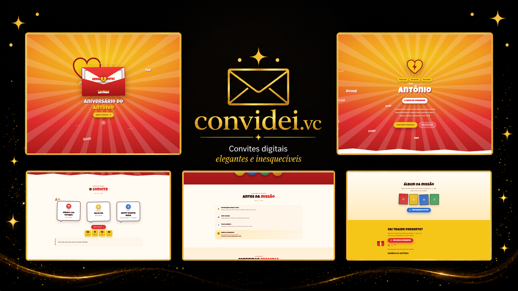 Telas do convite Herói Vermelho — envelope, convite, avisos e galeria