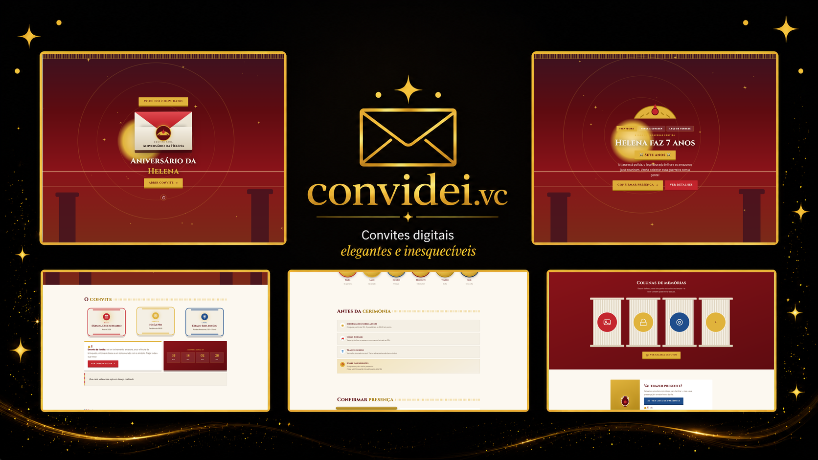 Telas do convite Heroína Guerreira — envelope, convite, avisos e galeria