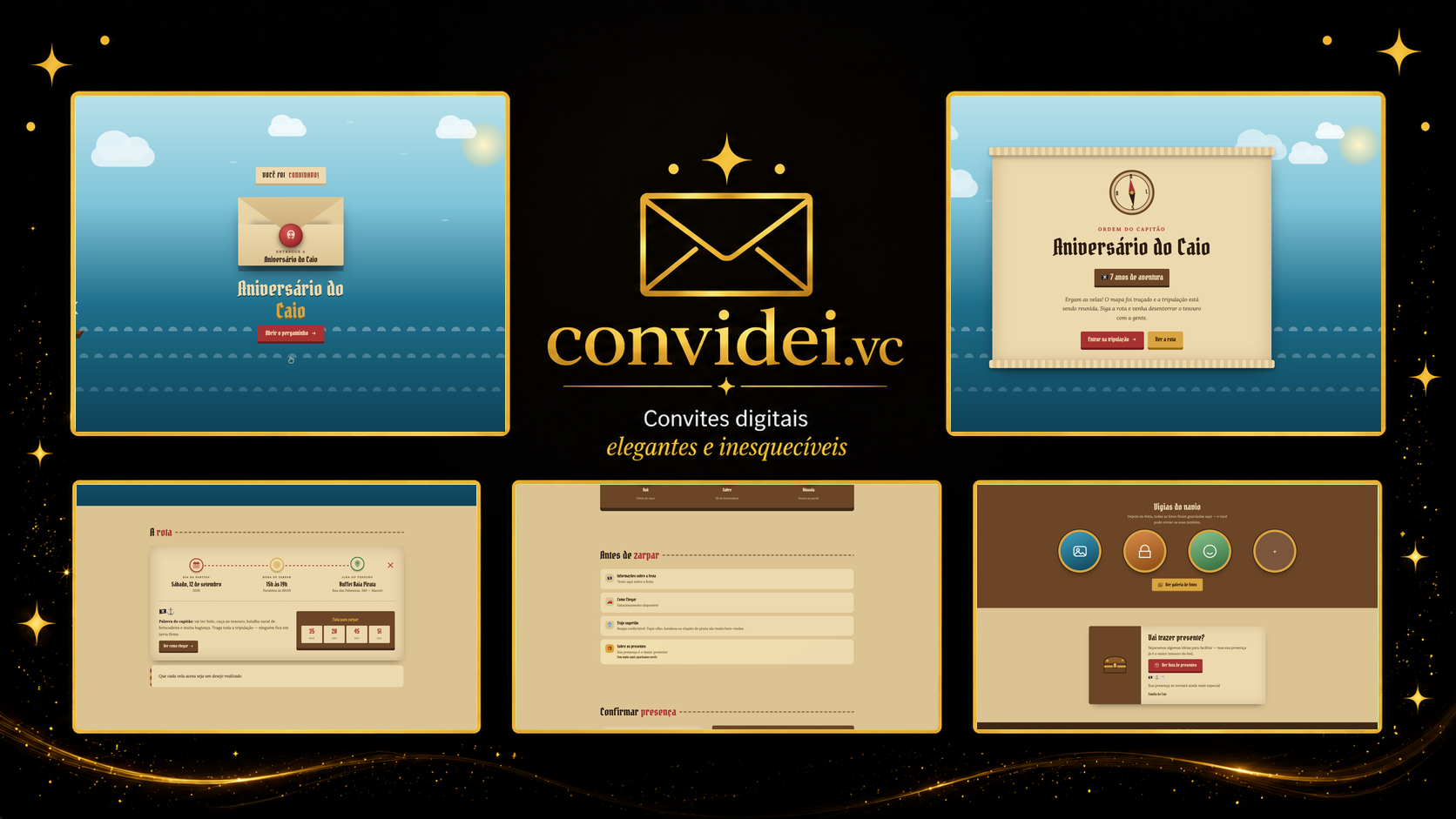 Telas do convite Ilha dos Piratas — envelope, convite, avisos e galeria