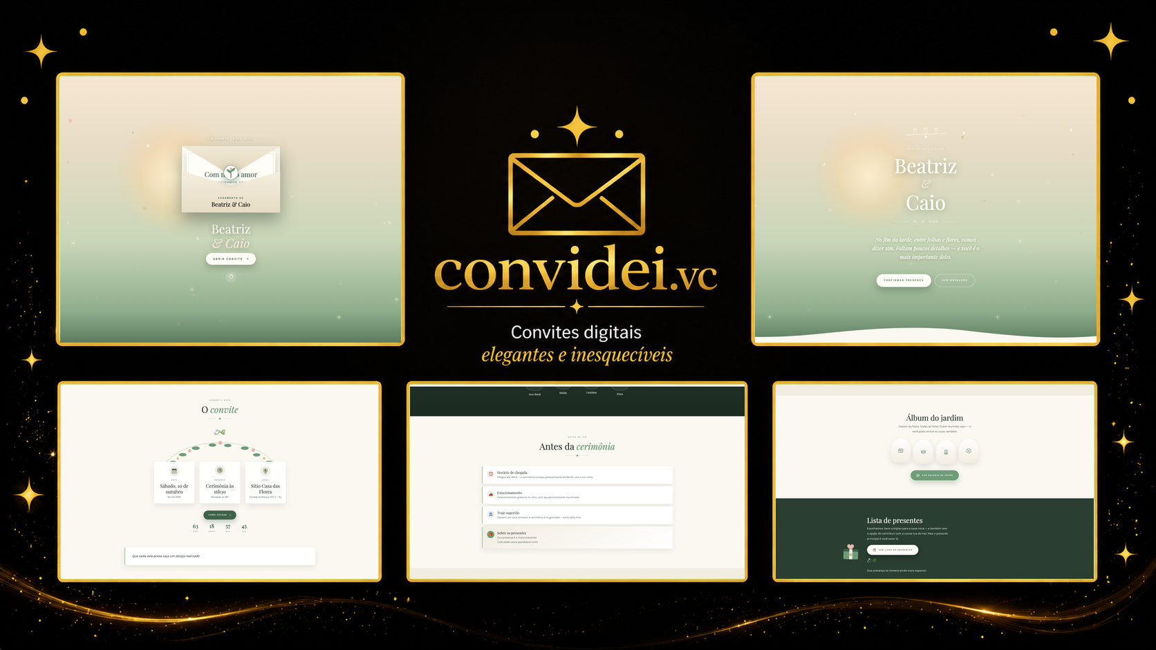 Telas do convite Jardim Botânico — envelope, convite, avisos e galeria