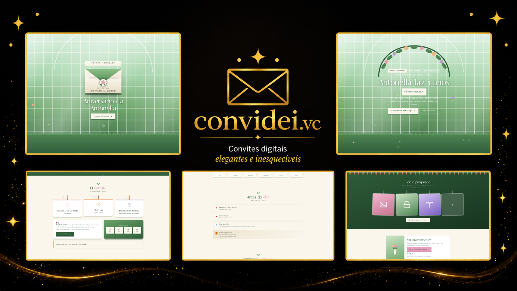 Telas do convite Jardim Encantado — envelope, convite, avisos e galeria