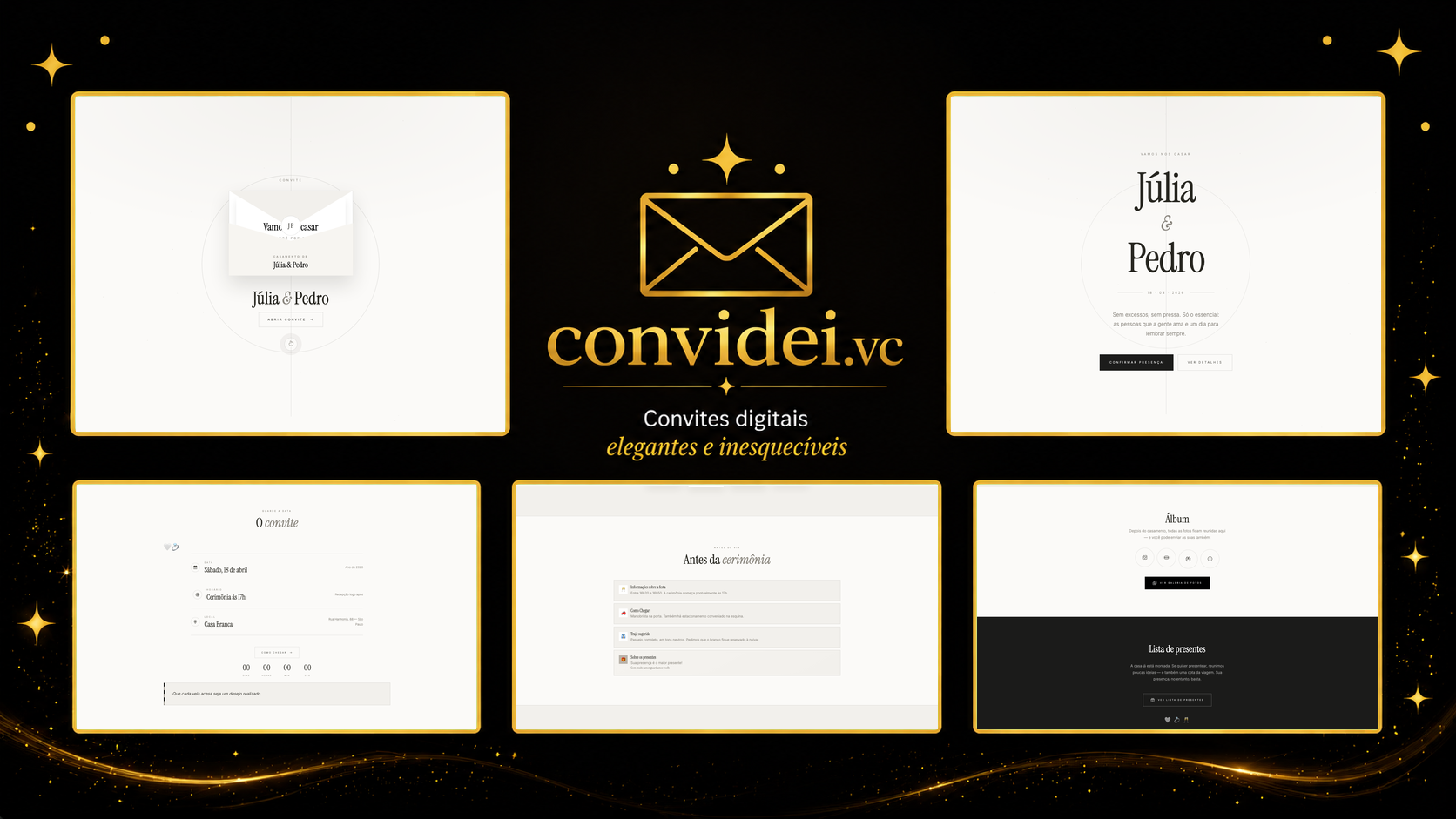 Telas do convite Minimal Branco — envelope, convite, avisos e galeria