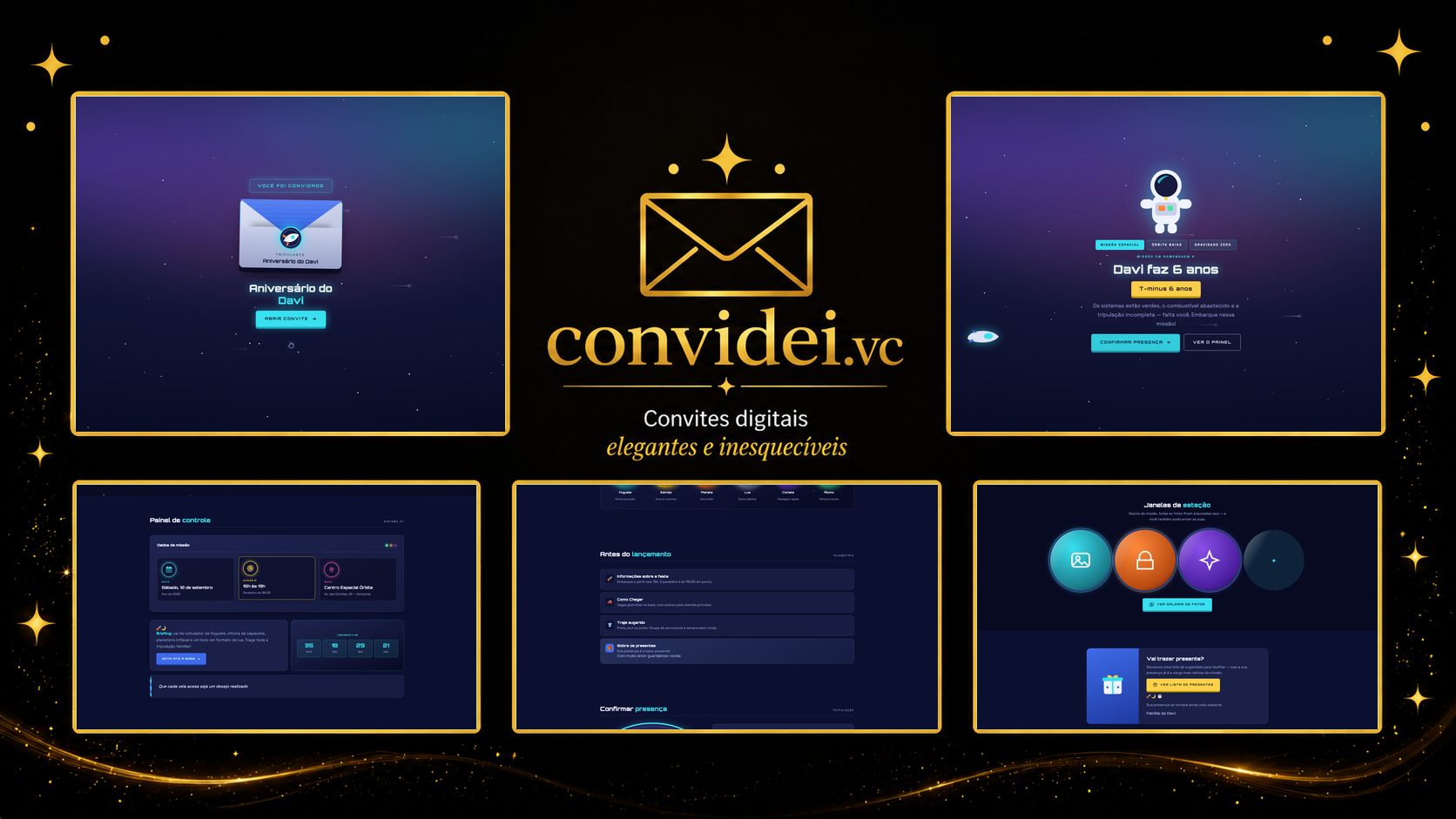 Telas do convite Missão Espacial — envelope, convite, avisos e galeria