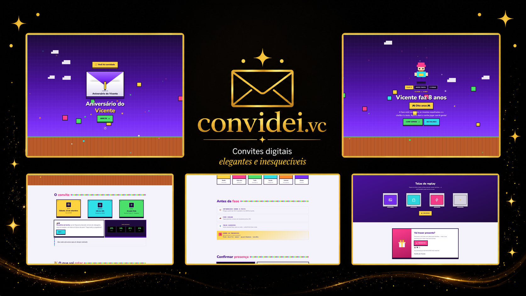 Telas do convite Mundo 8-bits — envelope, convite, avisos e galeria