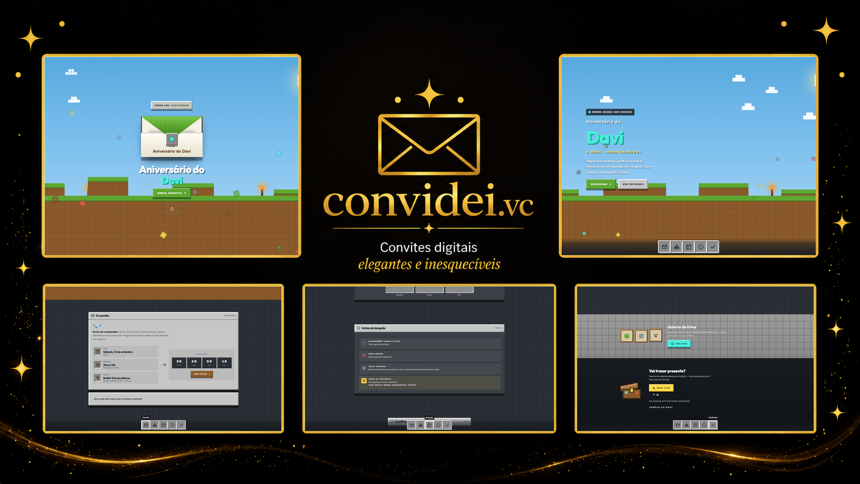 Telas do convite Mundo de Blocos — envelope, convite, avisos e galeria