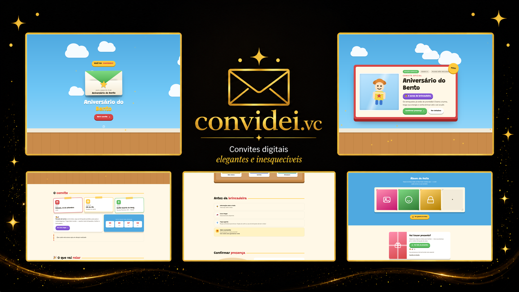 Telas do convite Mundo dos Brinquedos — envelope, convite, avisos e galeria
