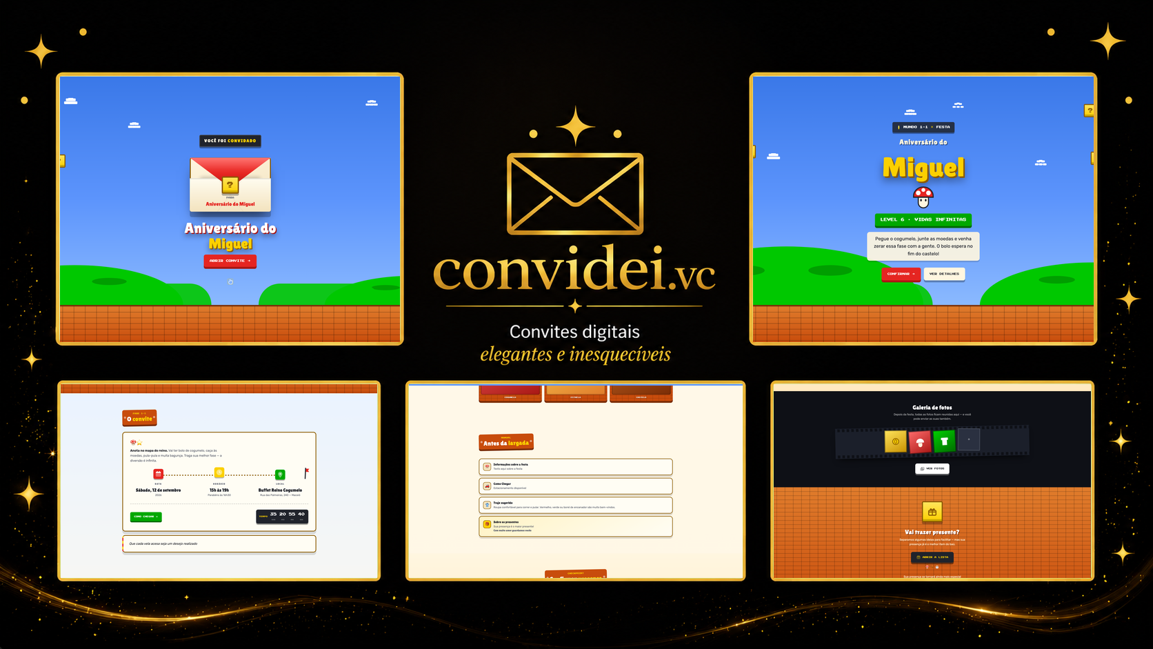 Telas do convite Mundo dos Canos — envelope, convite, avisos e galeria