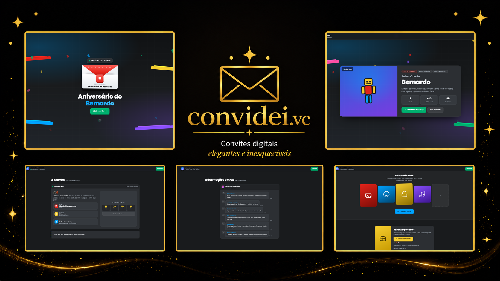 Telas do convite Mundo dos Jogos — envelope, convite, avisos e galeria
