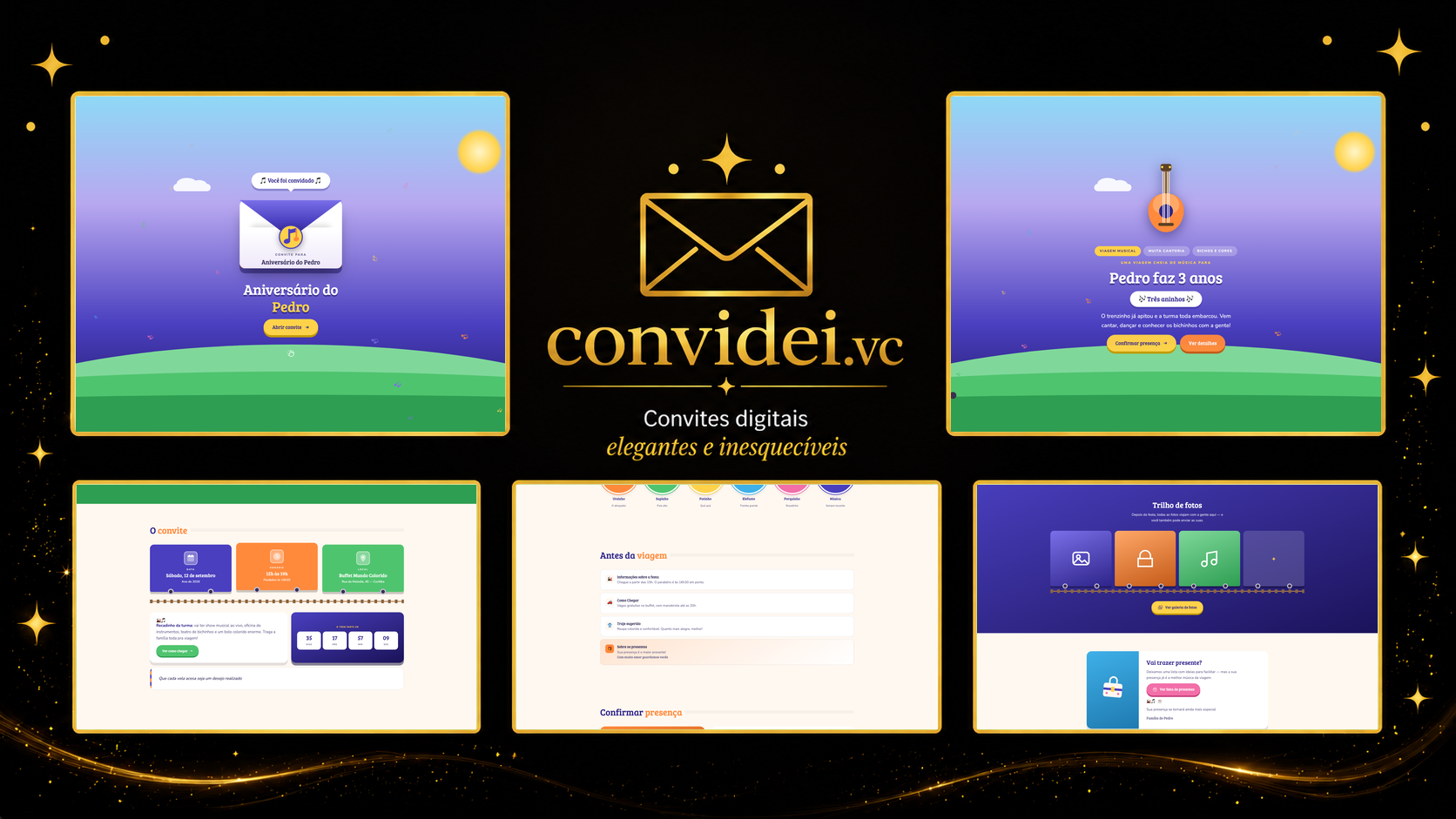 Telas do convite Mundo Musical — envelope, convite, avisos e galeria