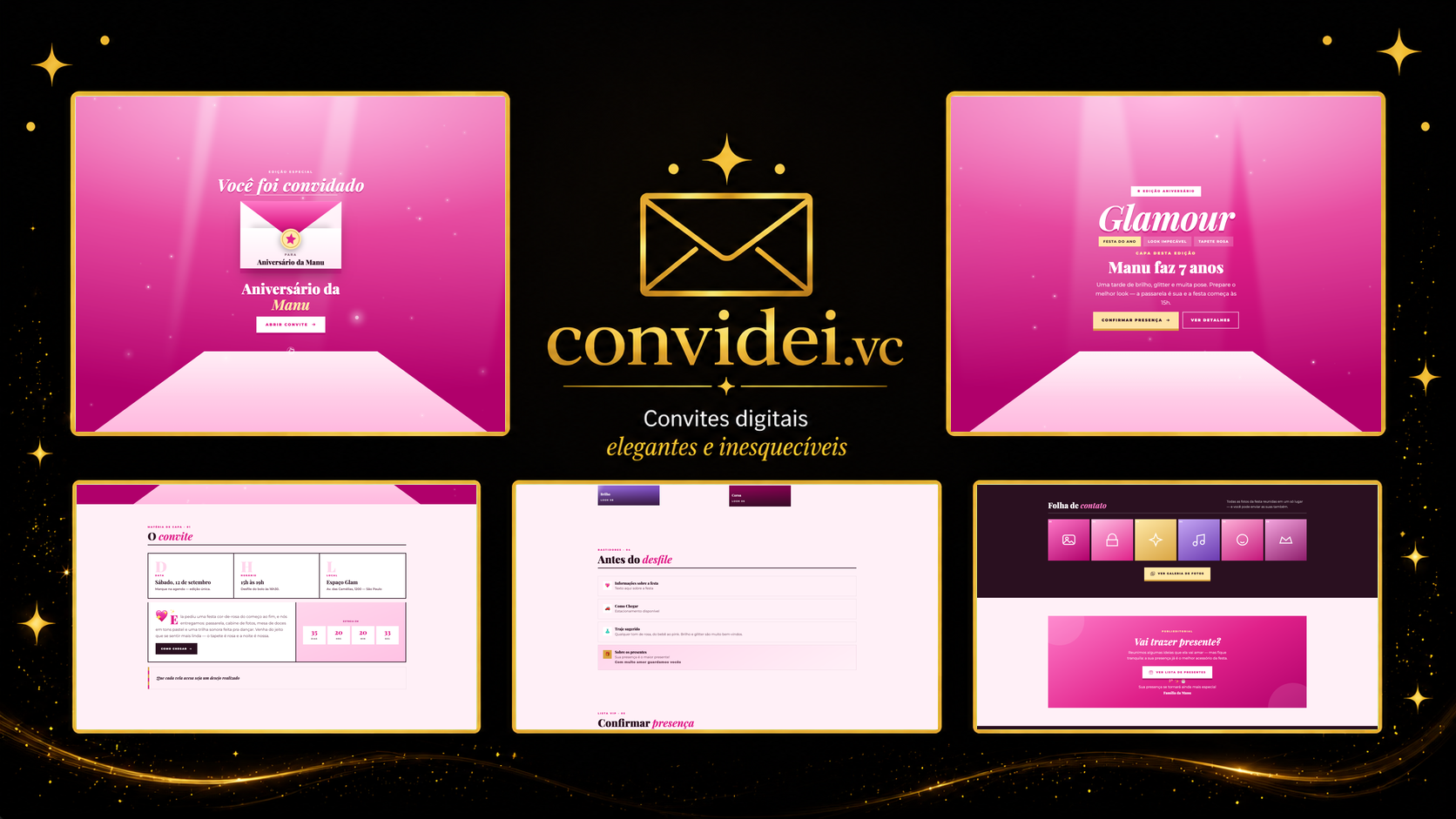 Telas do convite Mundo Rosa — envelope, convite, avisos e galeria