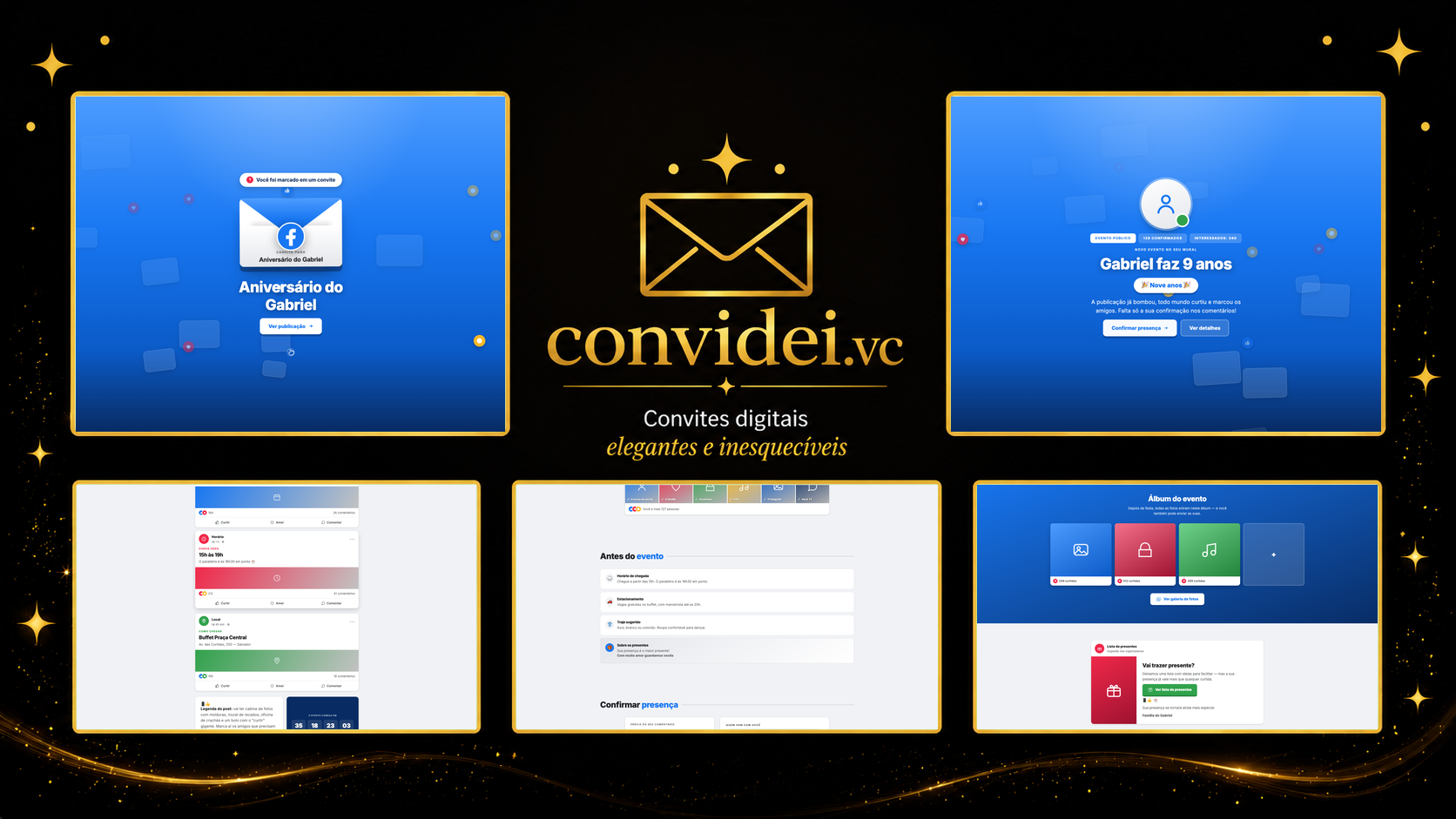 Telas do convite Mural de Curtidas — envelope, convite, avisos e galeria