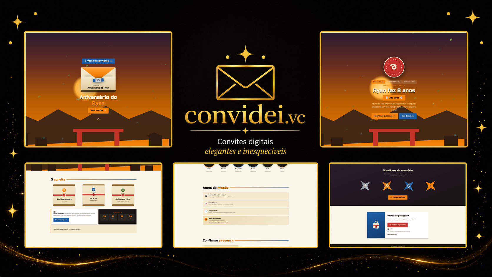 Telas do convite Ninjas do Vilarejo — envelope, convite, avisos e galeria