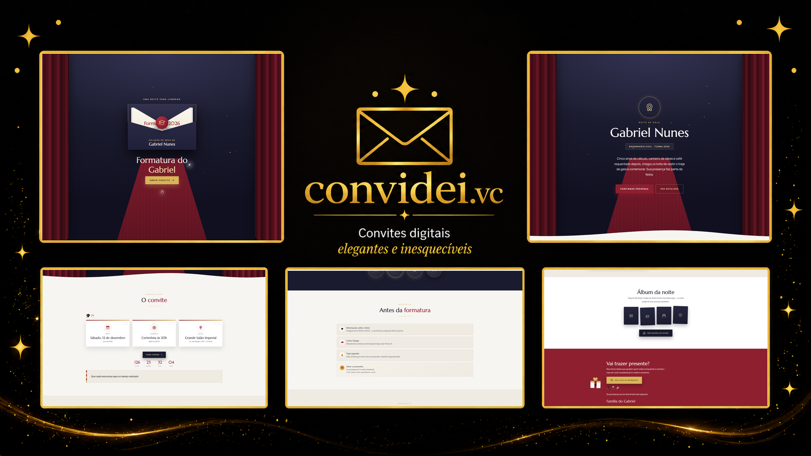 Telas do convite Noite de Gala — envelope, convite, avisos e galeria