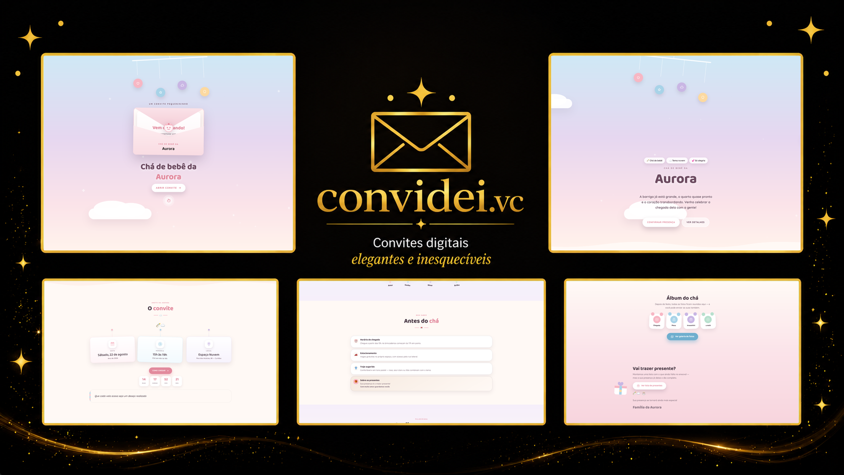 Telas do convite Nuvem de Algodão — envelope, convite, avisos e galeria