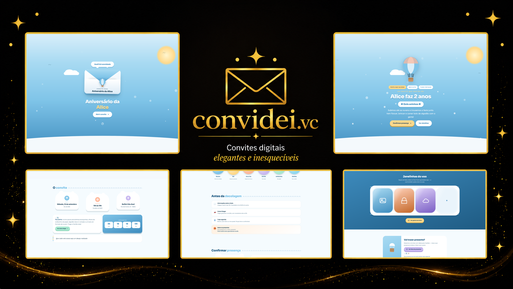 Telas do convite Nuvens e Sonhos — envelope, convite, avisos e galeria