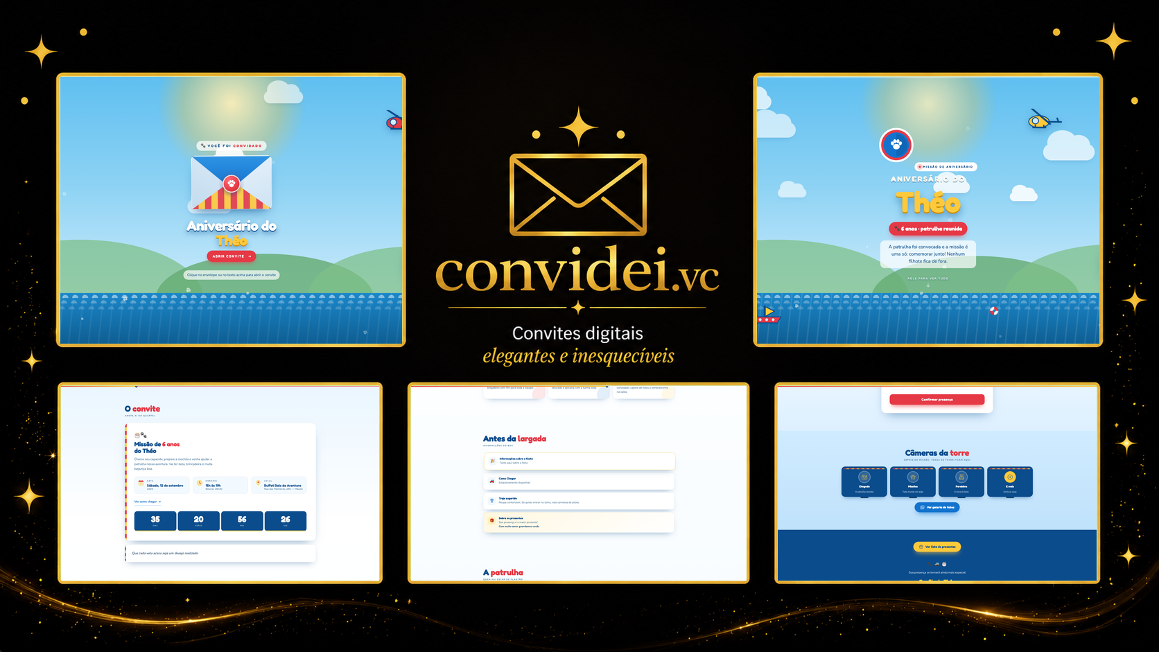 Telas do convite Patrulha de Resgate — envelope, convite, avisos e galeria