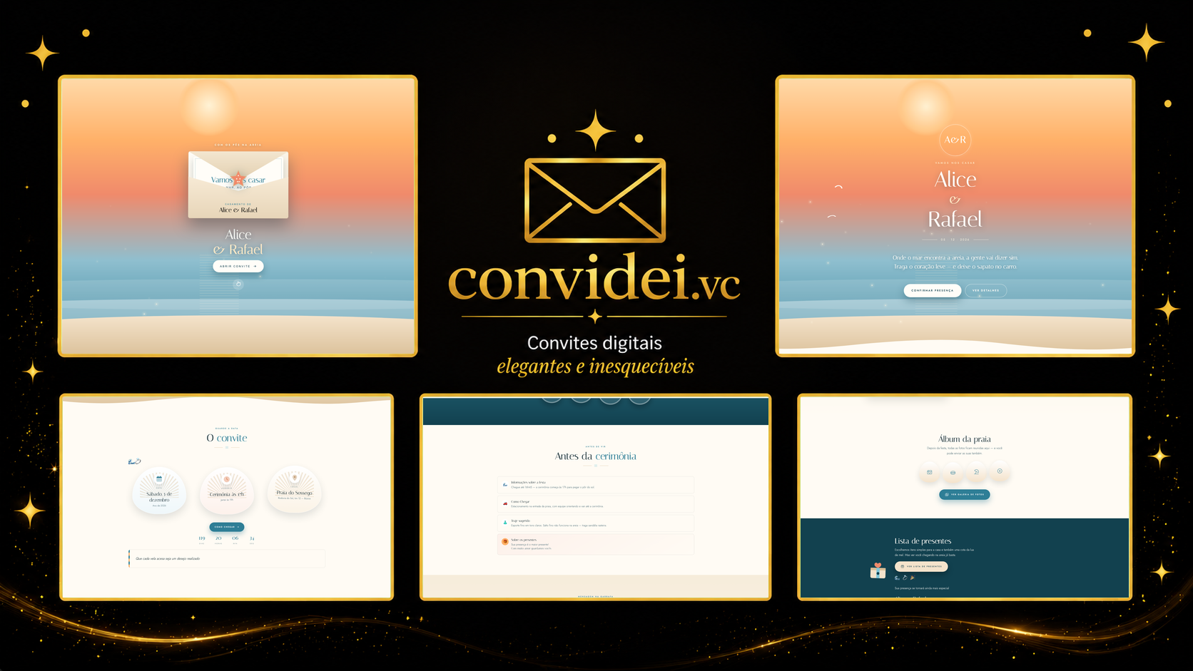 Telas do convite Pé na Areia — envelope, convite, avisos e galeria