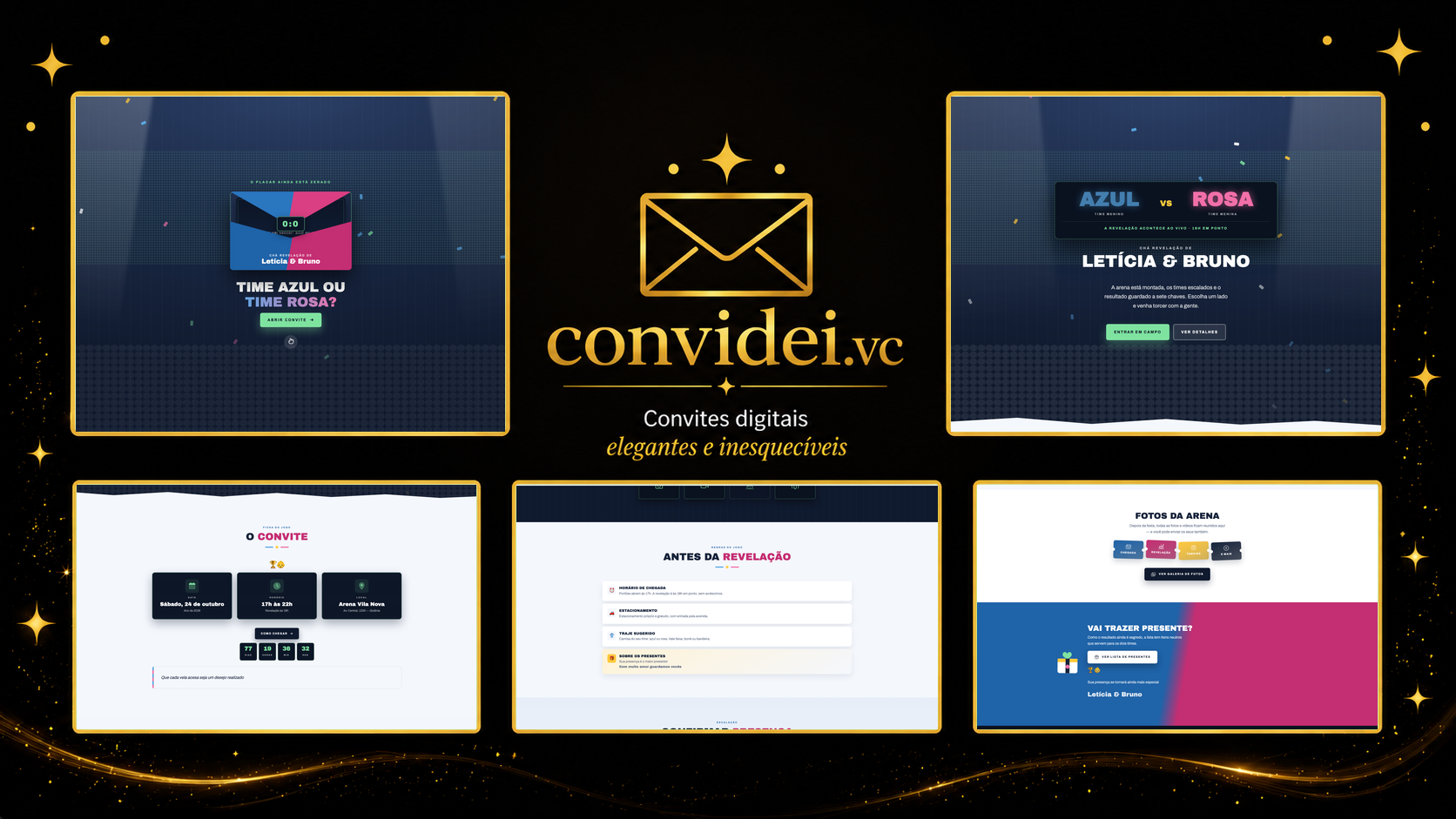 Telas do convite Placar da Revelação — envelope, convite, avisos e galeria