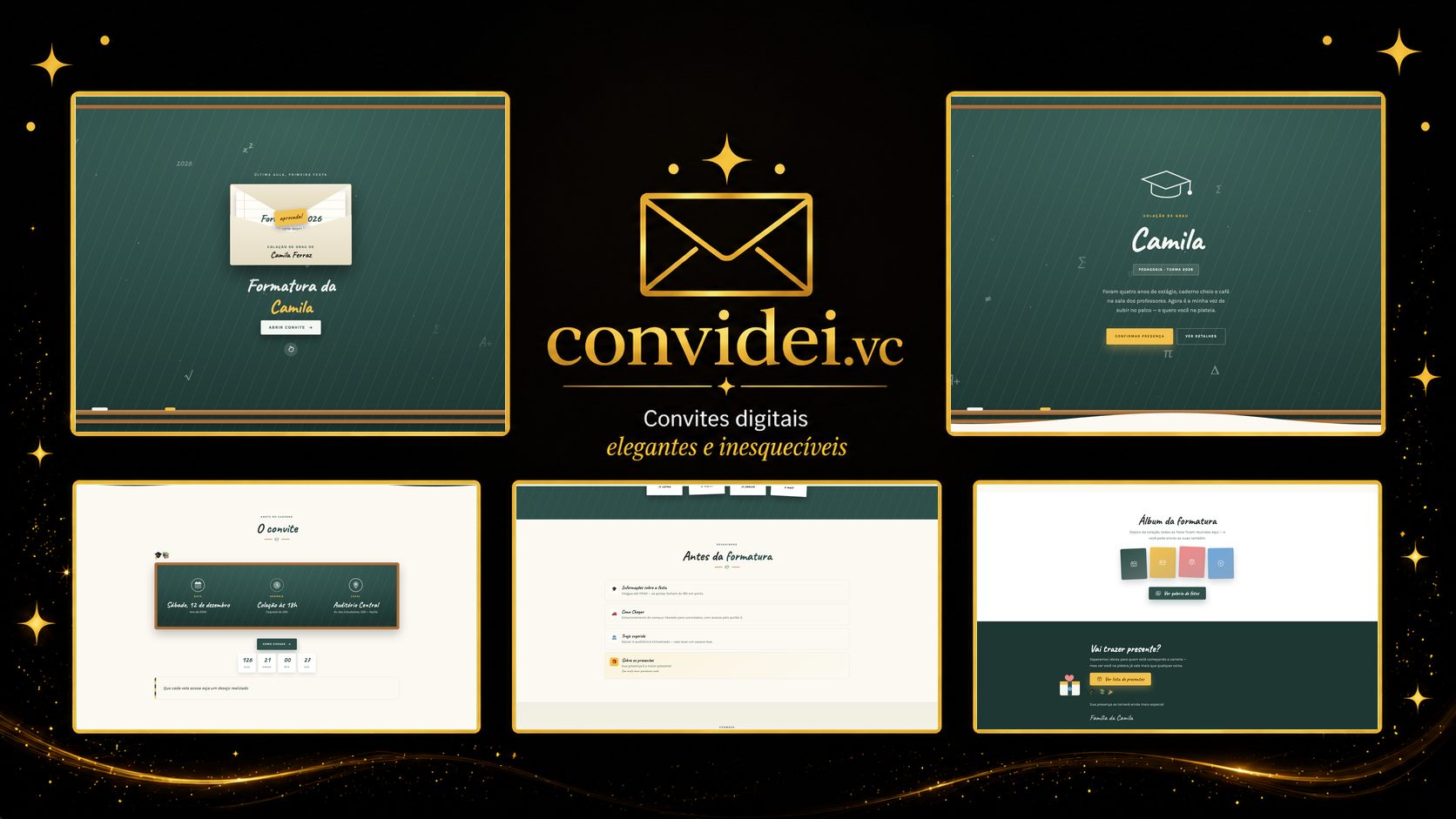 Telas do convite Quadro-negro — envelope, convite, avisos e galeria