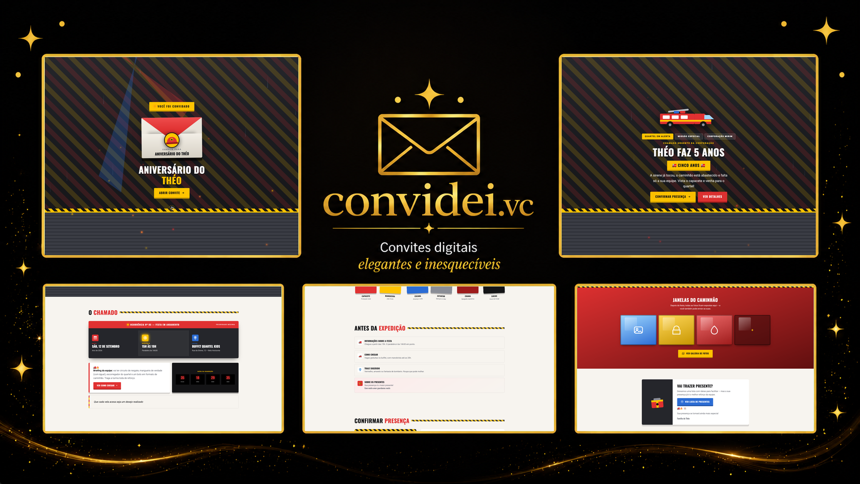 Telas do convite Quartel dos Bombeiros — envelope, convite, avisos e galeria