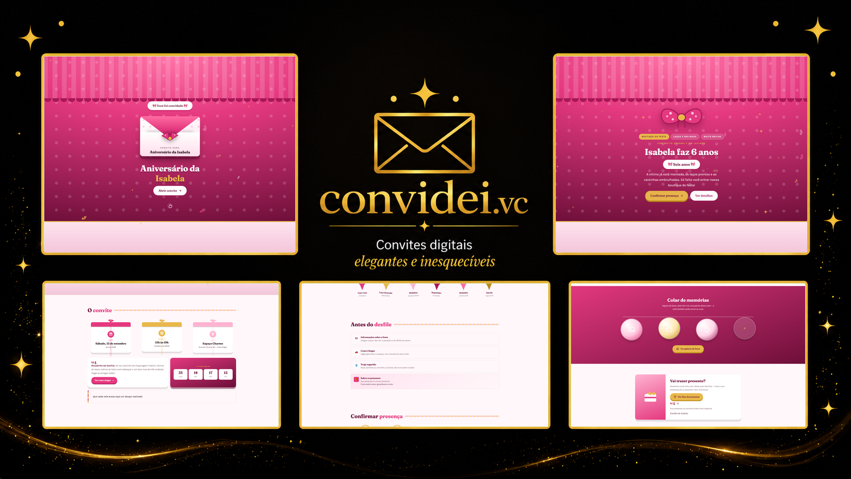 Telas do convite Ratinha Clássica — envelope, convite, avisos e galeria