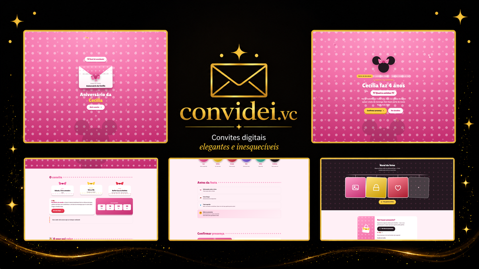 Telas do convite Ratinha de Laço — envelope, convite, avisos e galeria