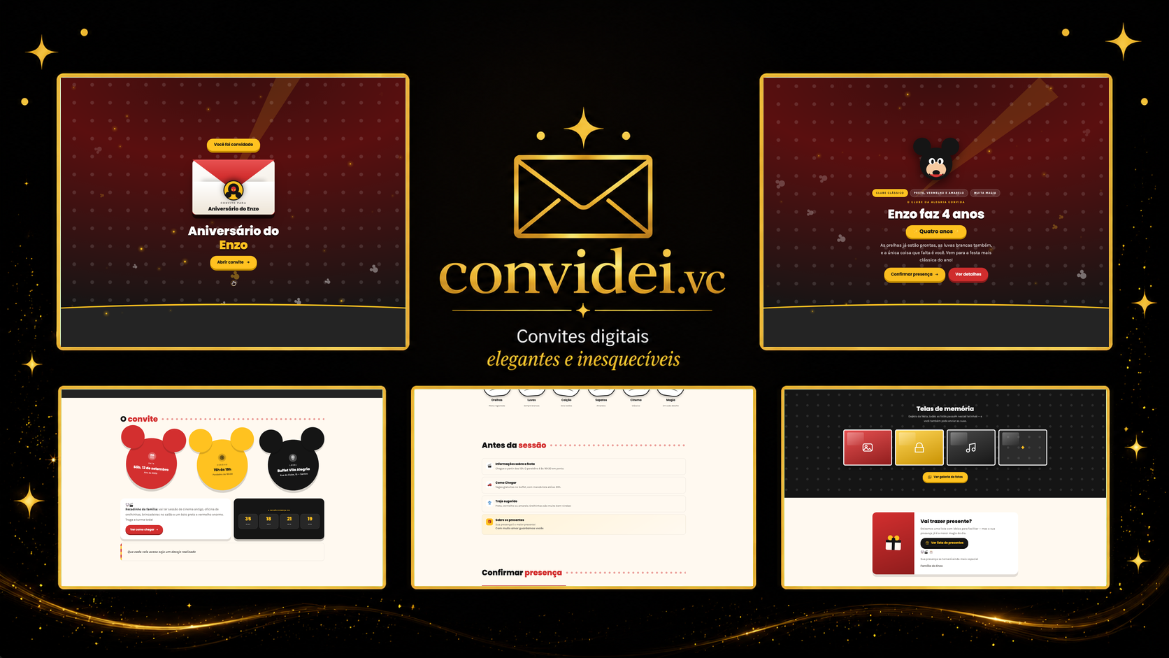 Telas do convite Ratinho Clássico — envelope, convite, avisos e galeria