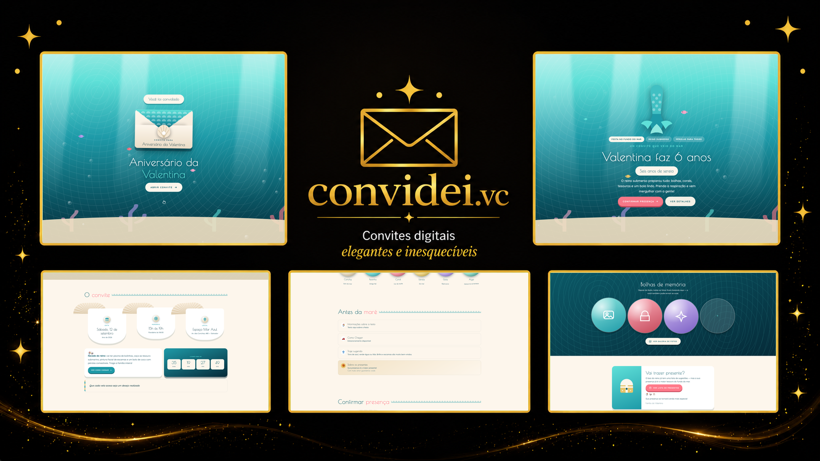Telas do convite Reino da Sereia — envelope, convite, avisos e galeria
