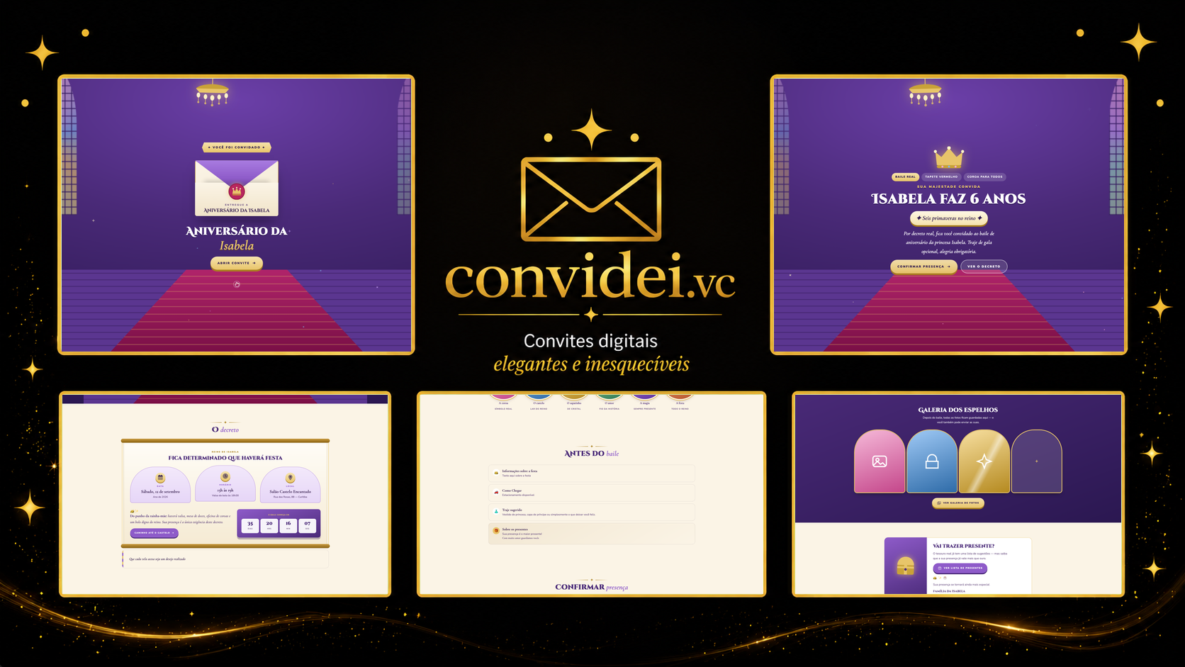 Telas do convite Reino das Princesas — envelope, convite, avisos e galeria