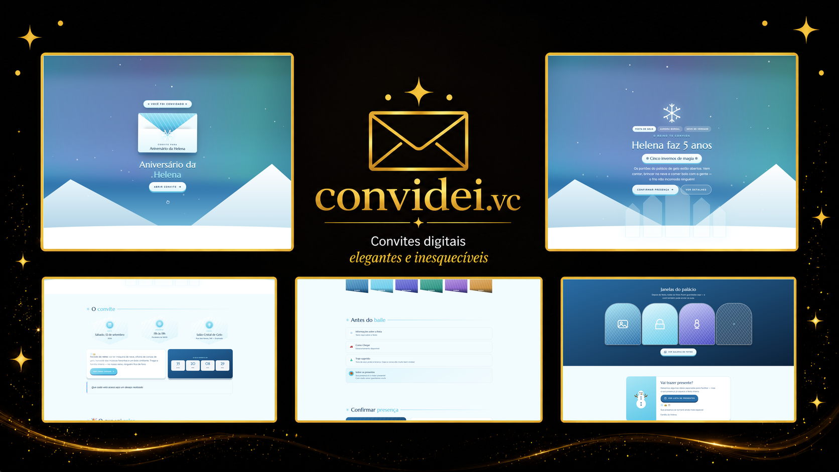 Telas do convite Reino do Gelo — envelope, convite, avisos e galeria