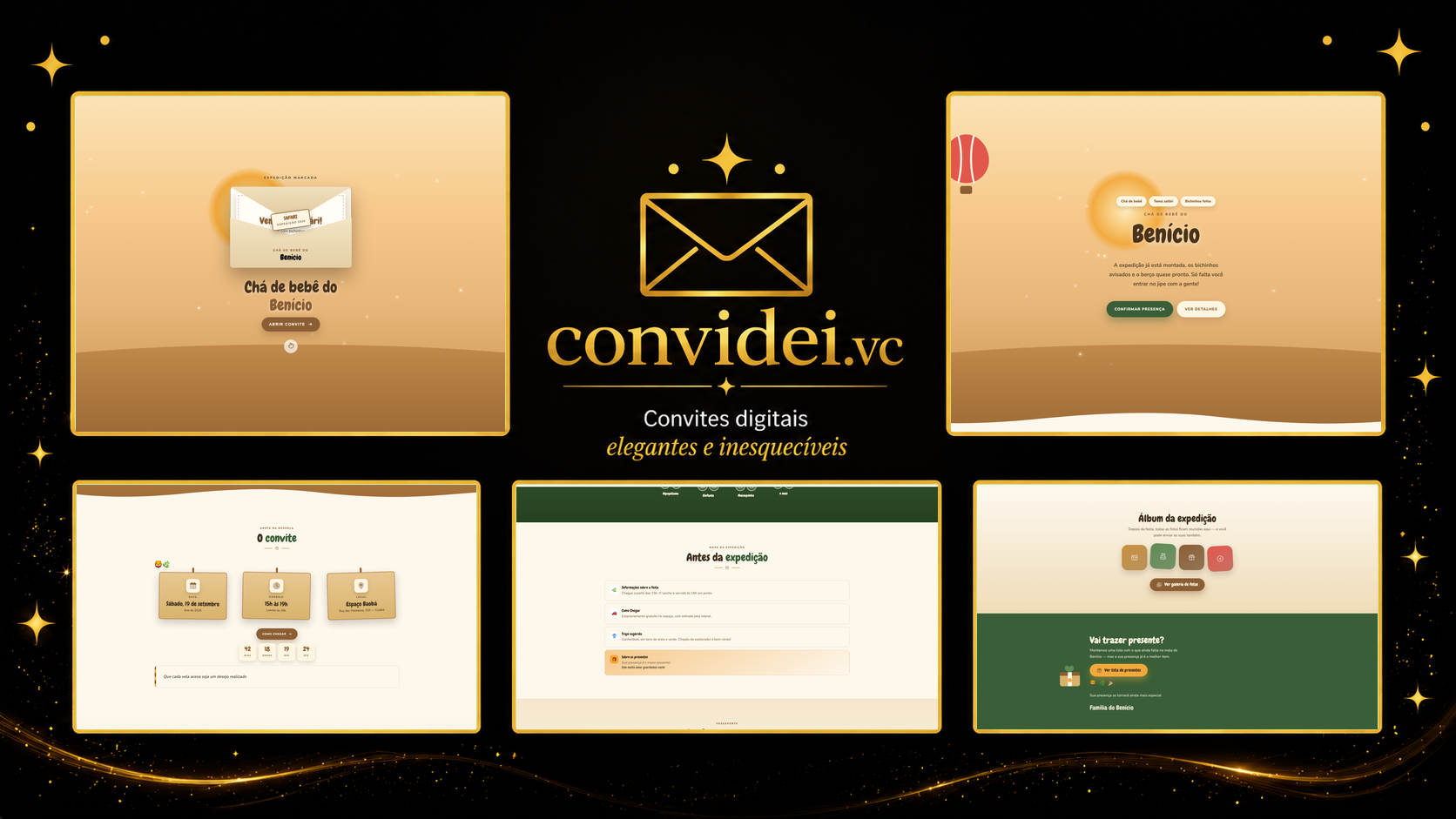 Telas do convite Safári do Bebê — envelope, convite, avisos e galeria