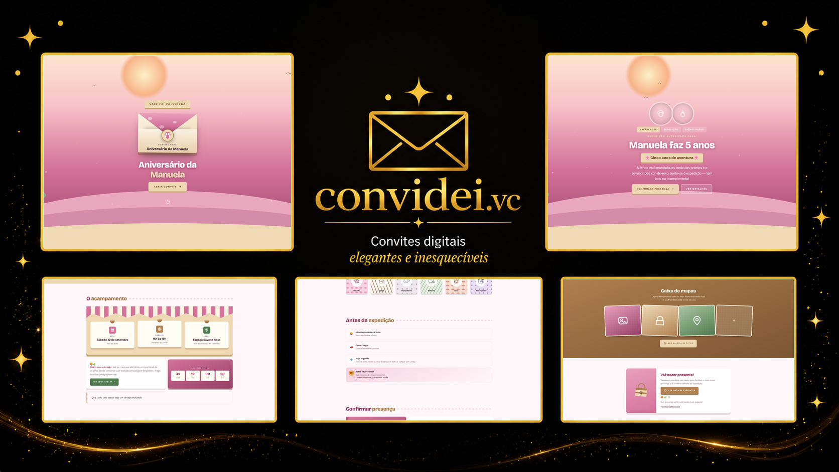 Telas do convite Safári Rosa — envelope, convite, avisos e galeria