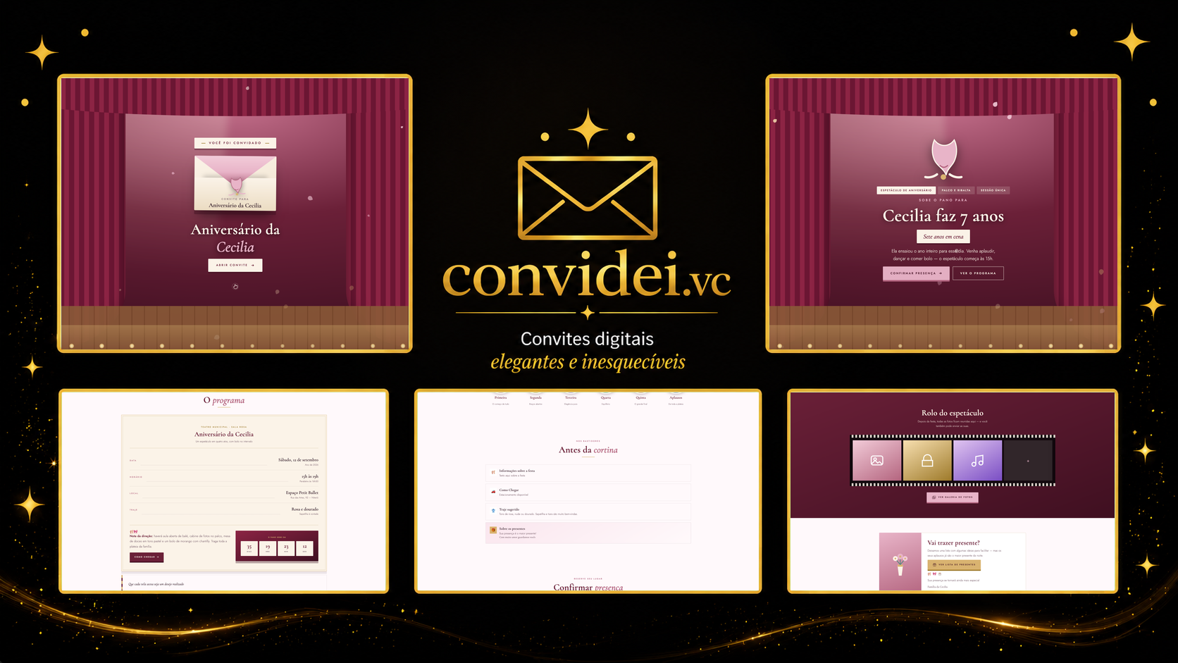 Telas do convite Sapatilha e Balé — envelope, convite, avisos e galeria