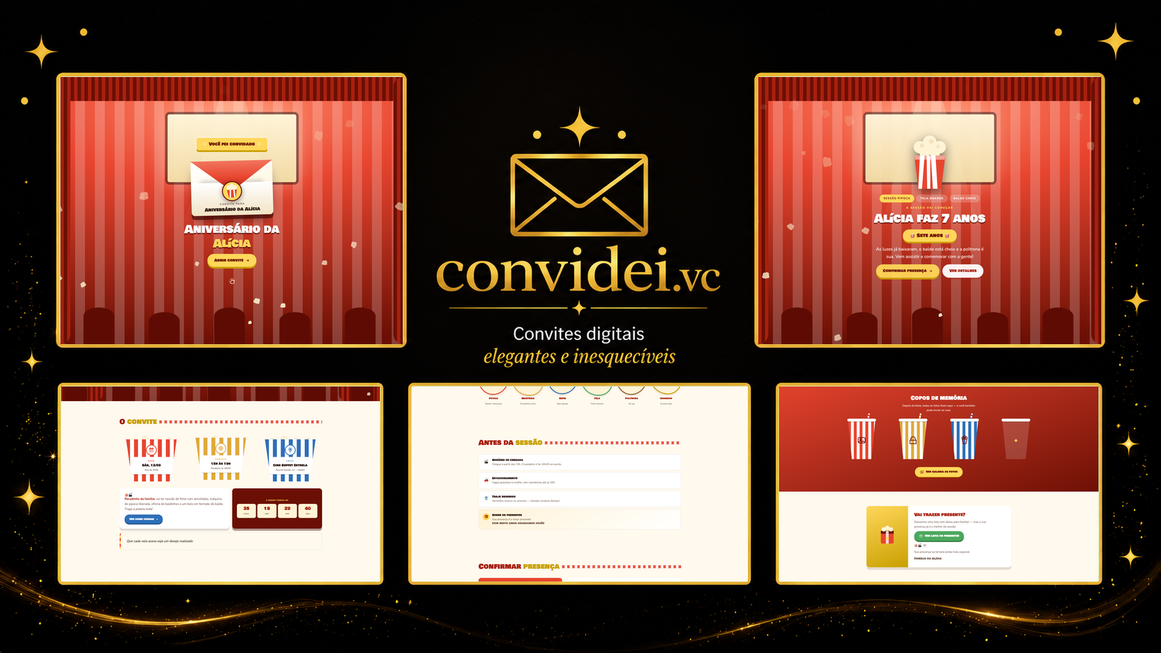 Telas do convite Sessão Pipoca — envelope, convite, avisos e galeria