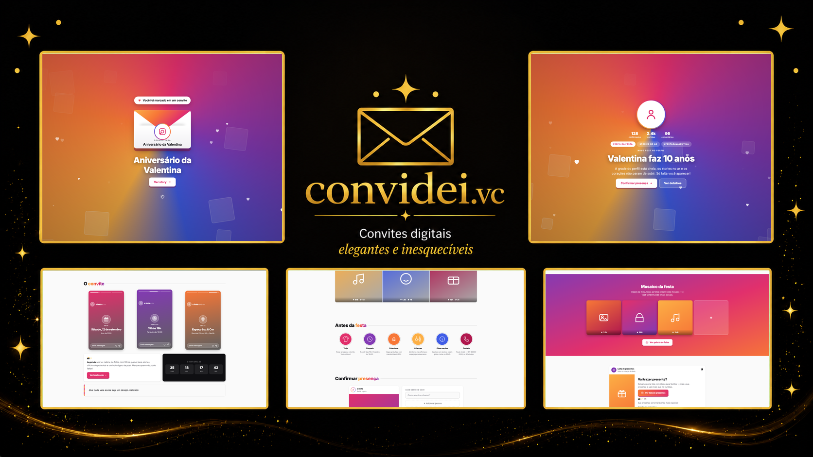 Telas do convite Stories e Fotos — envelope, convite, avisos e galeria