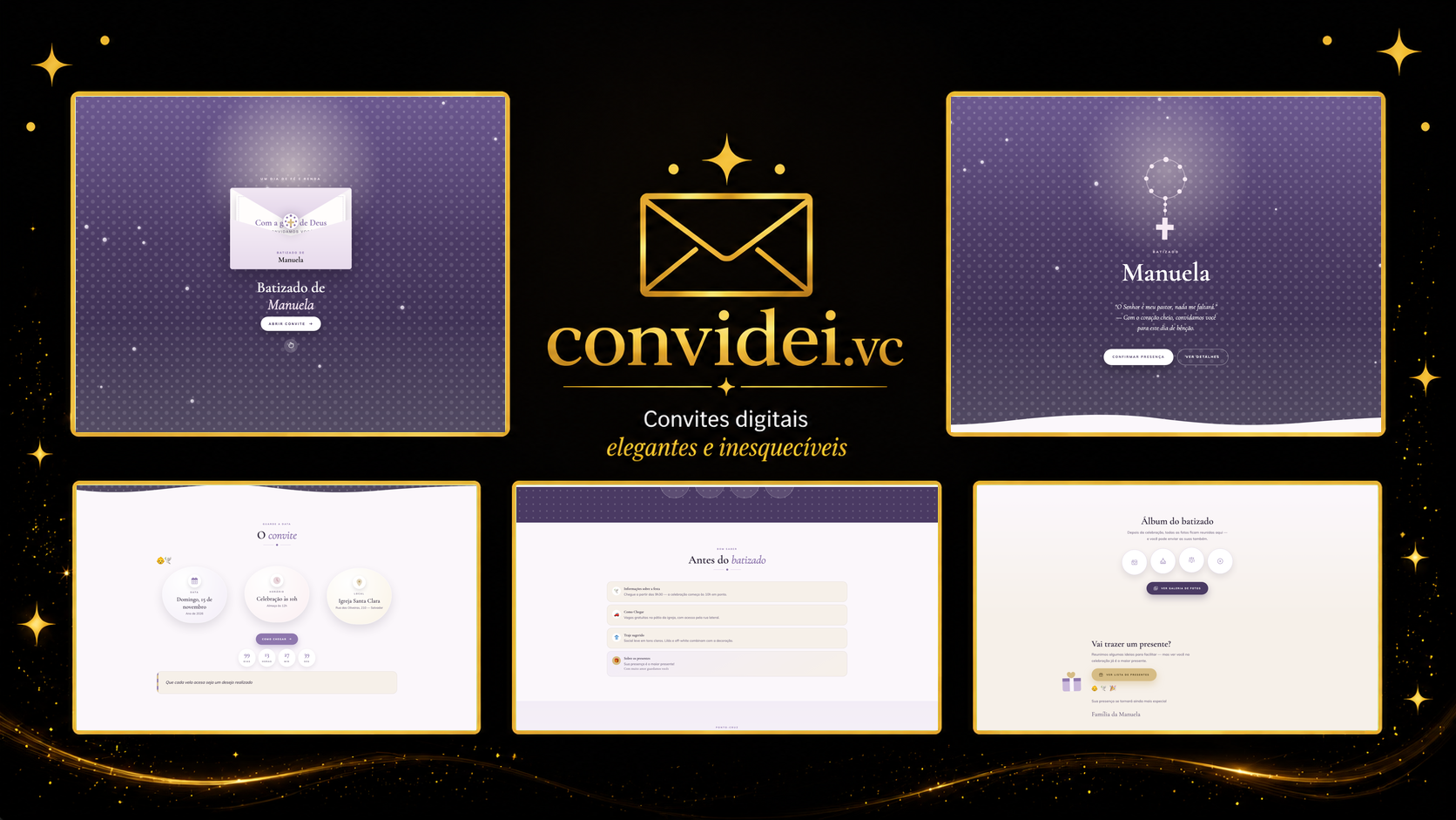 Telas do convite Terço e Renda — envelope, convite, avisos e galeria