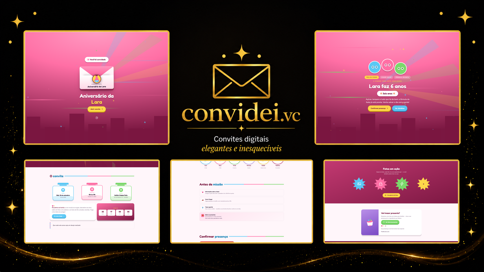 Telas do convite Trio Superpoderoso — envelope, convite, avisos e galeria