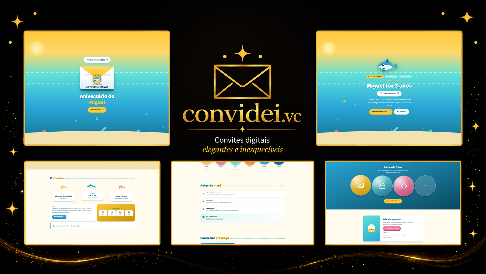 Telas do convite Tubarãozinho — envelope, convite, avisos e galeria