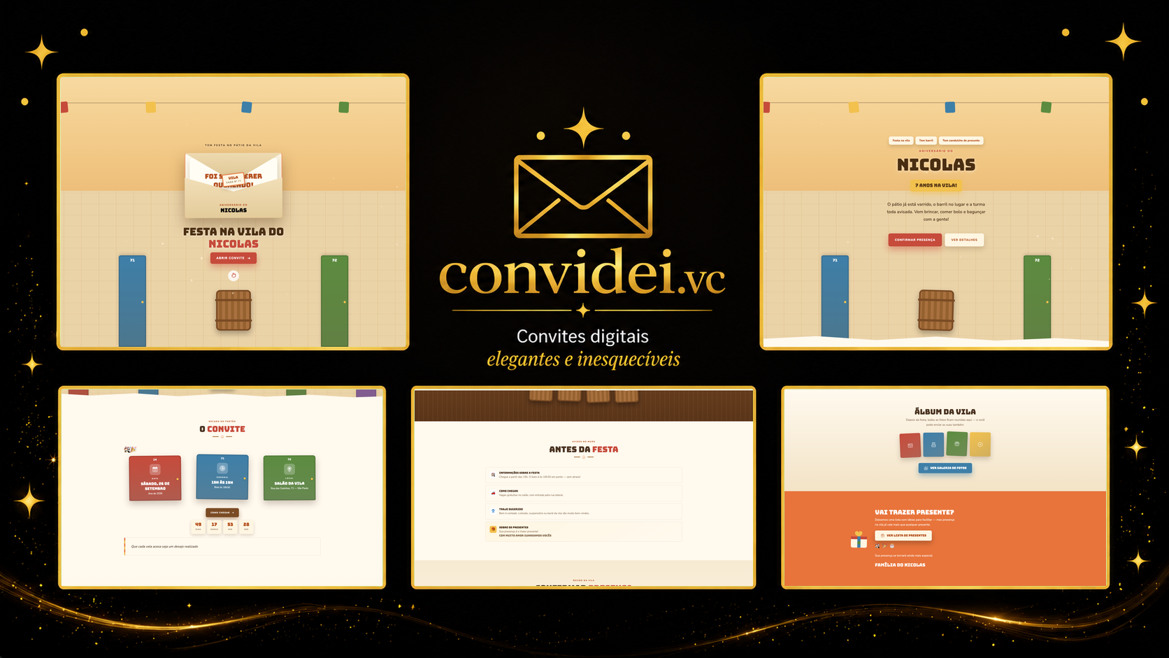 Telas do convite Turma da Vila — envelope, convite, avisos e galeria