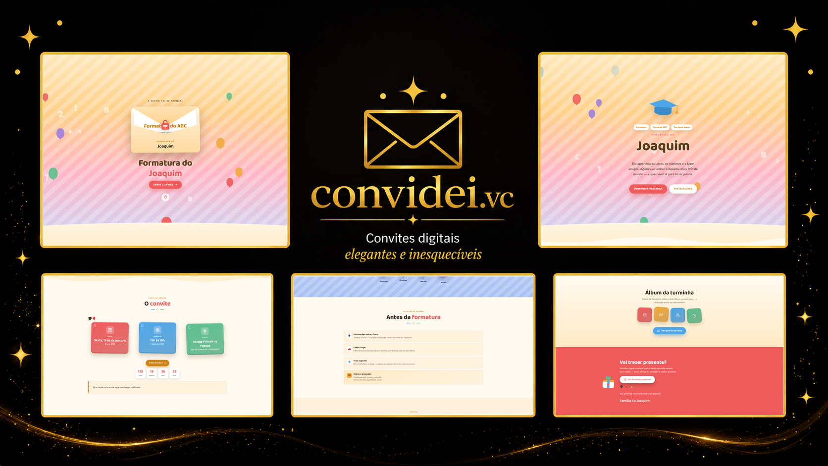 Telas do convite Turma do ABC — envelope, convite, avisos e galeria