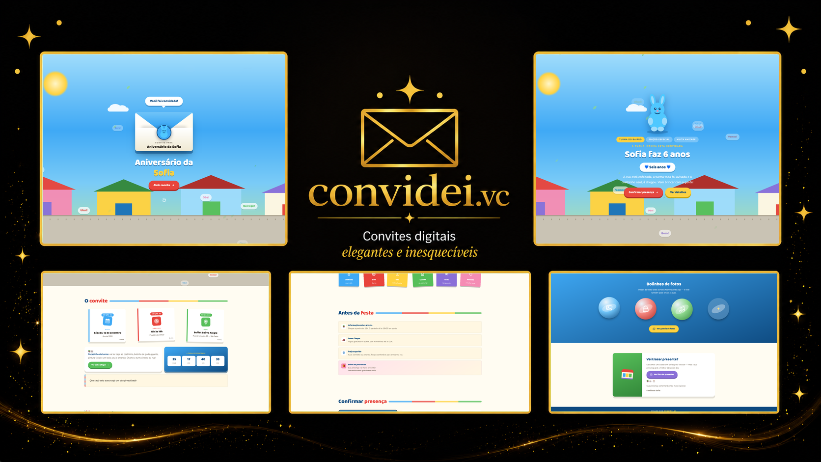 Telas do convite Turma do Bairro — envelope, convite, avisos e galeria
