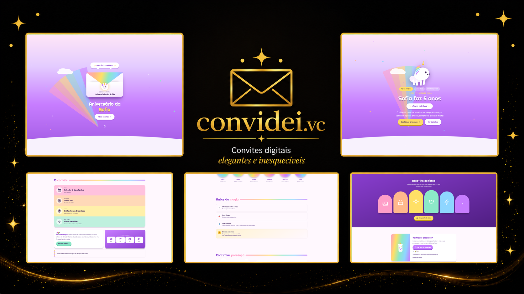 Telas do convite Unicórnio Mágico — envelope, convite, avisos e galeria
