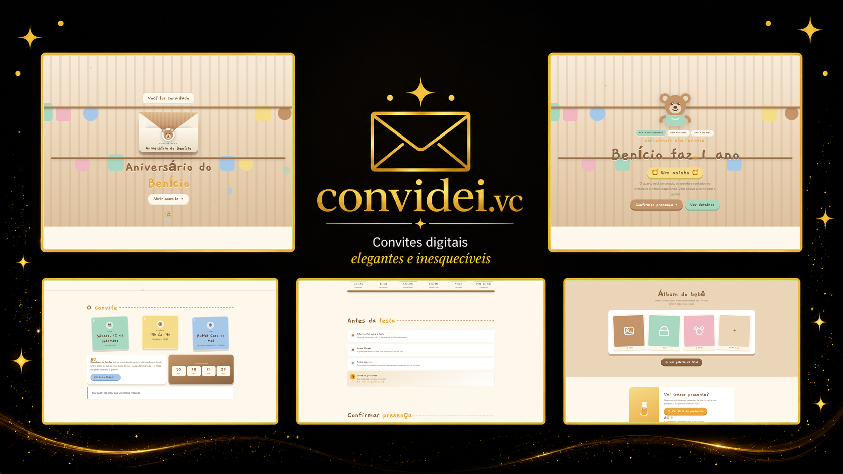 Telas do convite Ursinho Fofo — envelope, convite, avisos e galeria