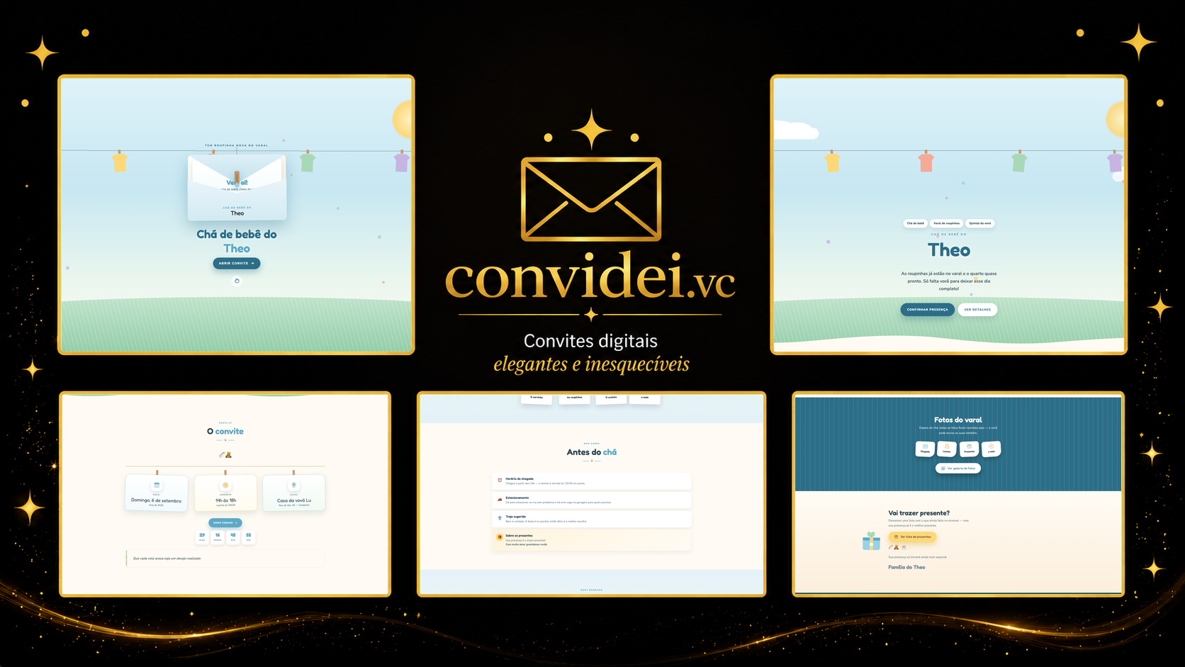 Telas do convite Varal do Bebê — envelope, convite, avisos e galeria