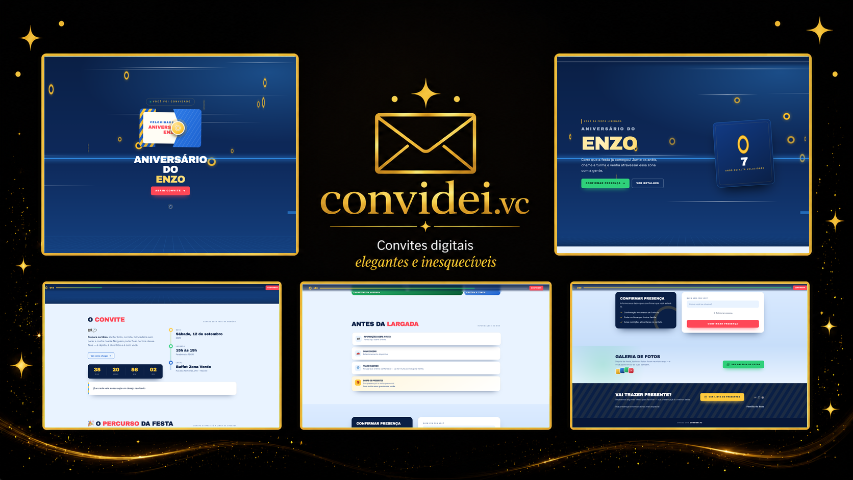 Telas do convite Velocidade Azul — envelope, convite, avisos e galeria