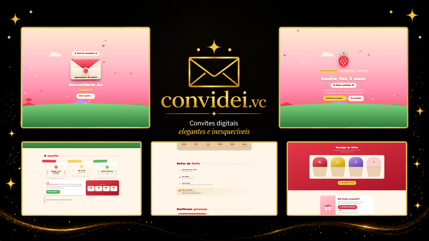 Telas do convite Vermelhinha do Chapéu — envelope, convite, avisos e galeria