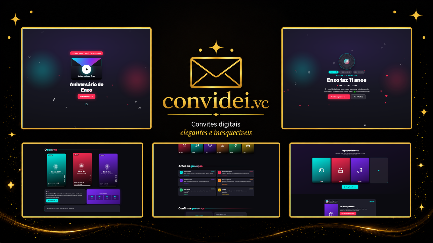 Telas do convite Vídeos Curtos — envelope, convite, avisos e galeria