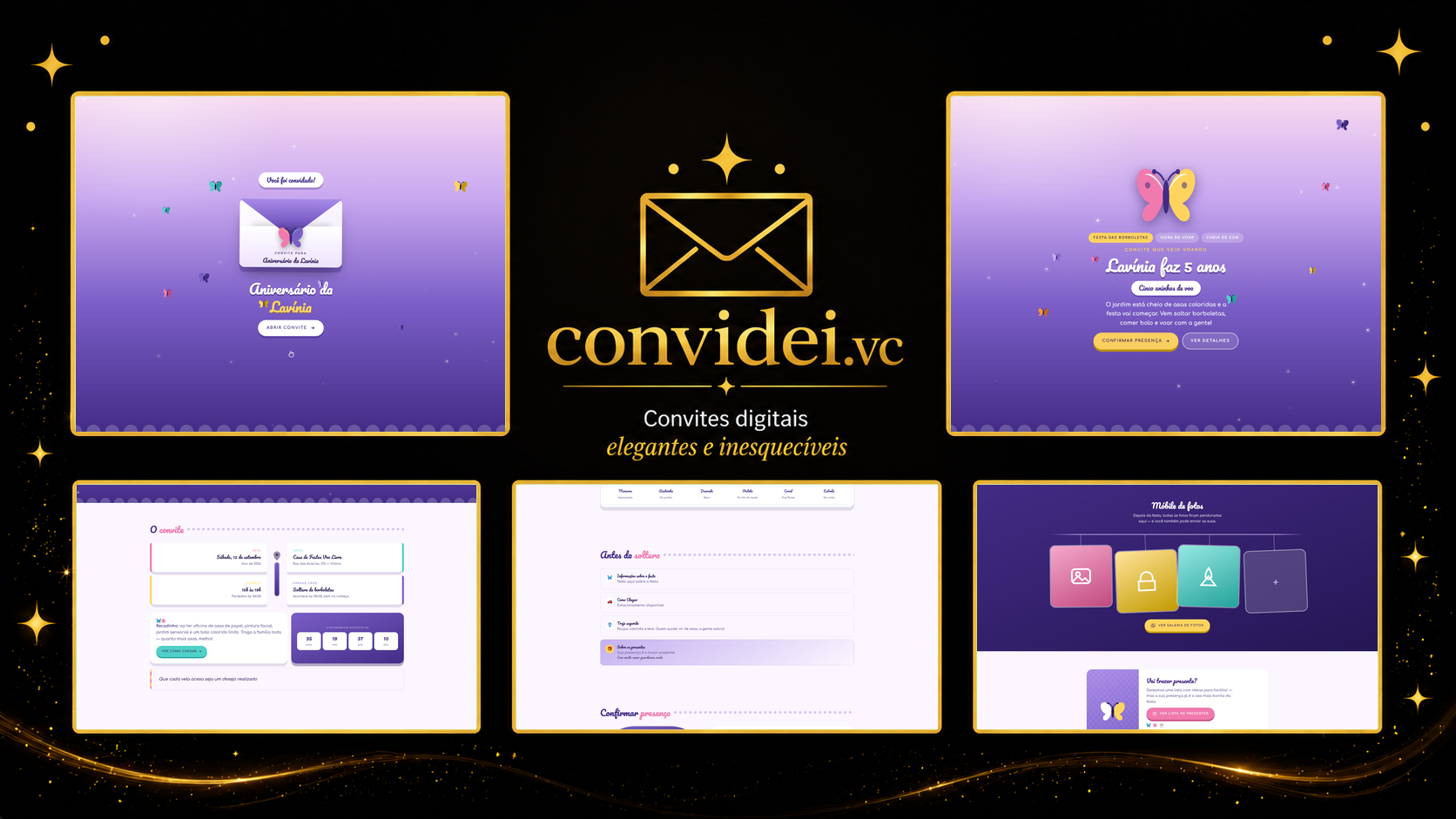 Telas do convite Voo das Borboletas — envelope, convite, avisos e galeria